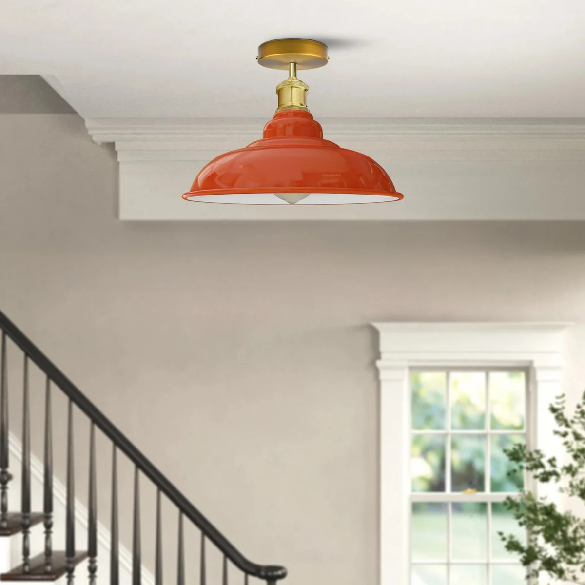 Orange metal vintage ceiling lamp with glossy flush mount shade, E27 socket, 10cmx2cm plate, warm romantic style.