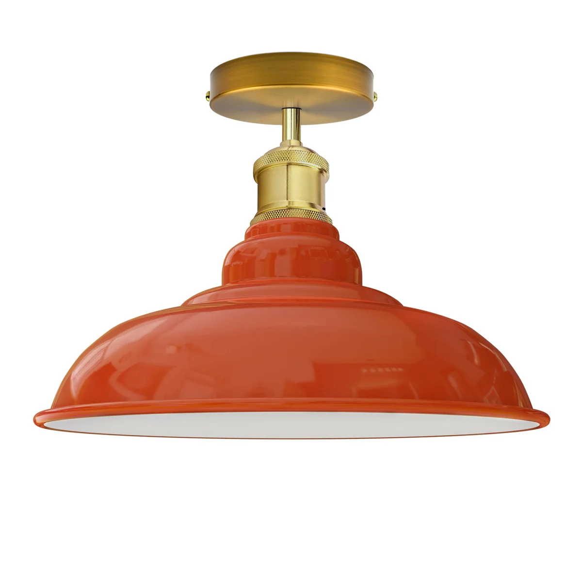 Orange glossy retro flush mount light with metal base and E27 socket, 10cm wide shade.
