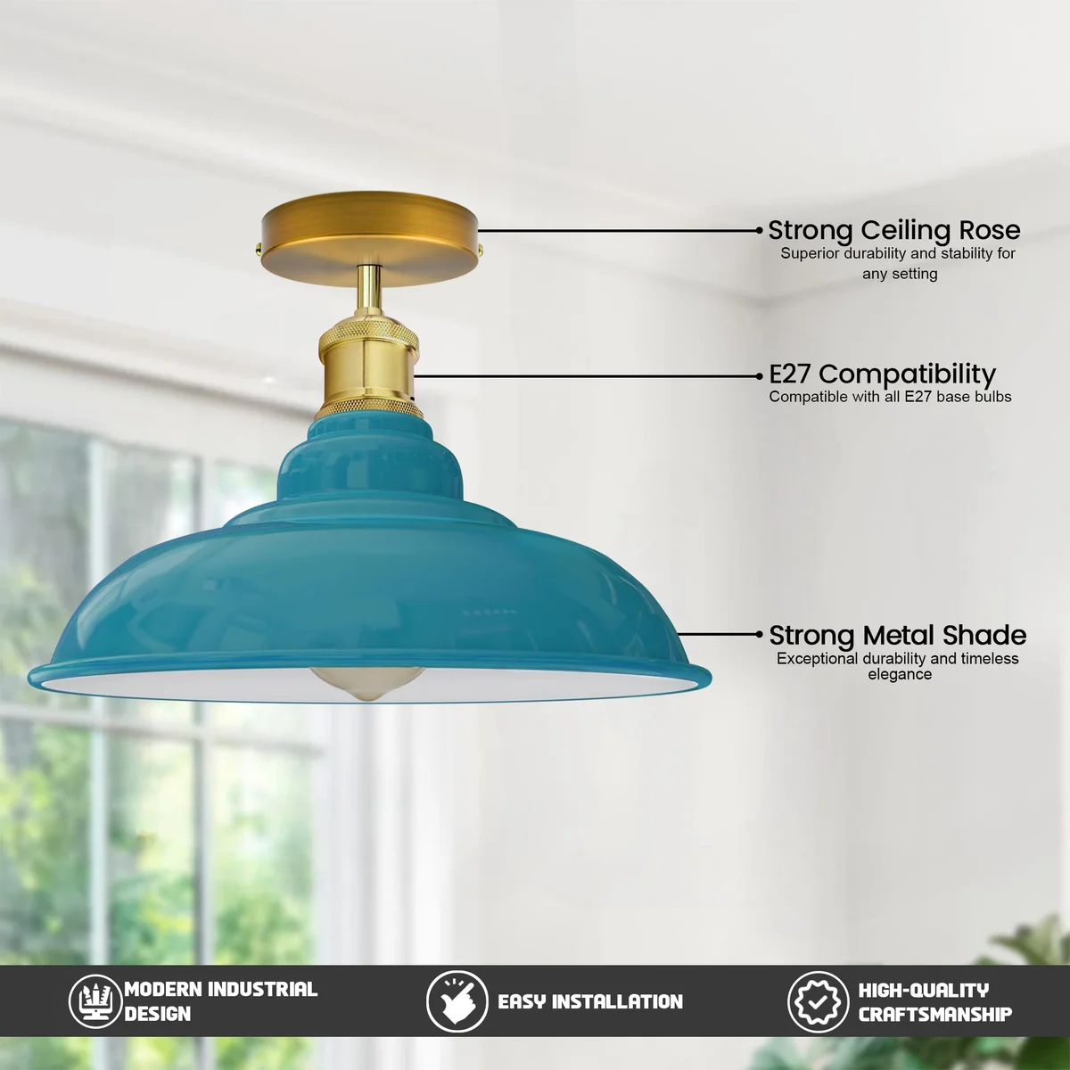 Orange ceiling light with glossy metal shade and E27 base, flush mount design on 10x2cm plate