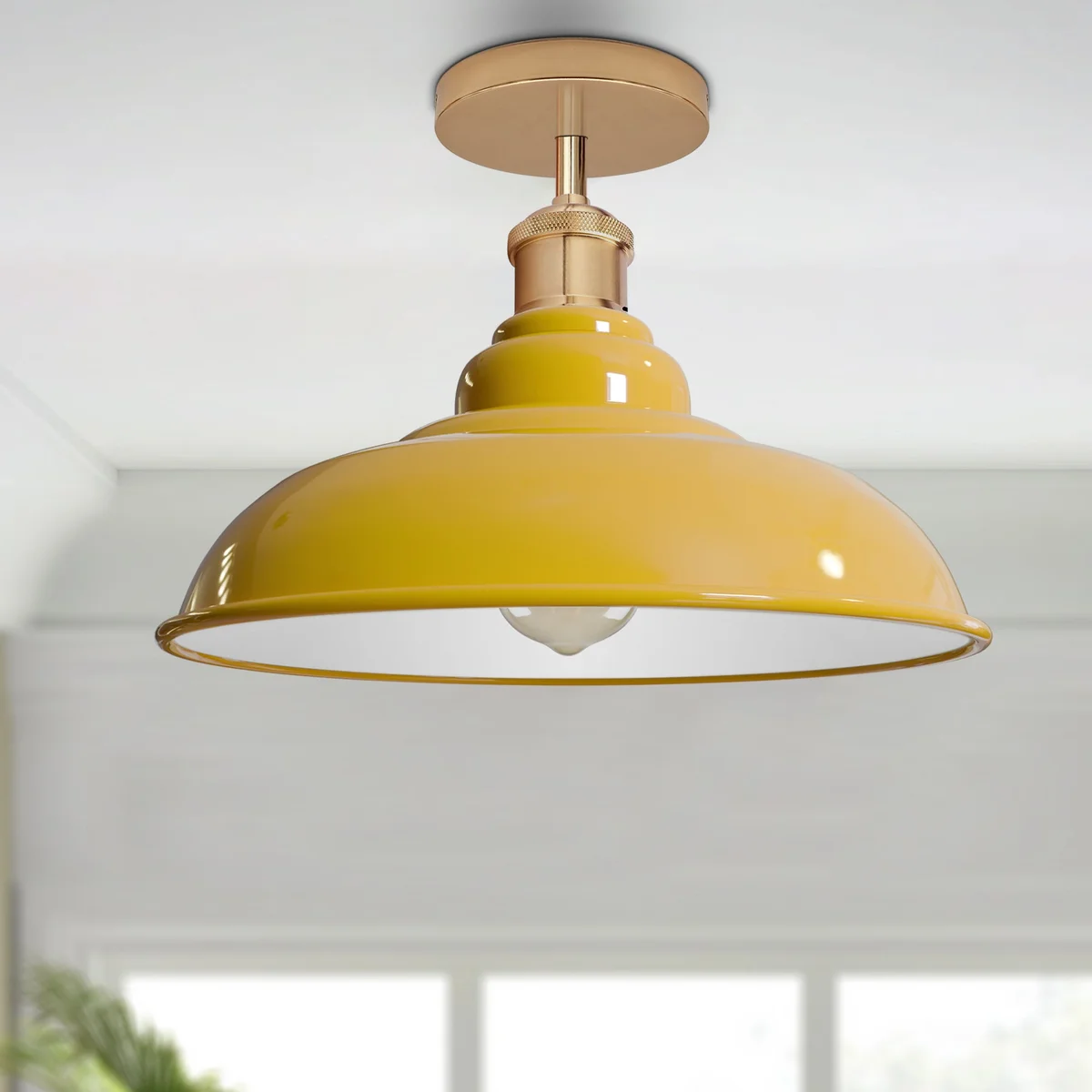 Yellow powder-coated metal industrial ceiling light with semi flush mount and classic factory shade.