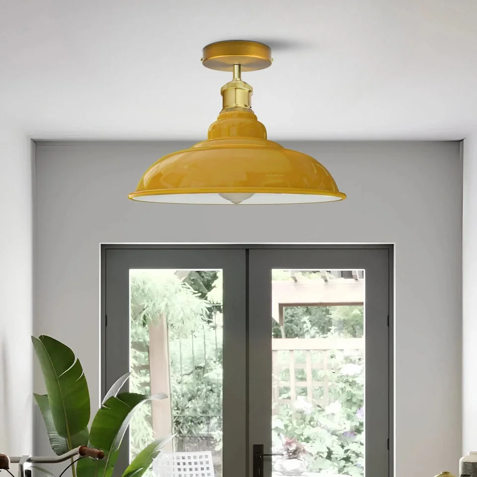 E27 ceiling light fitting with yellow powder‑coated metal shade, factory‑style semi‑flush mount for focused task lighting.
