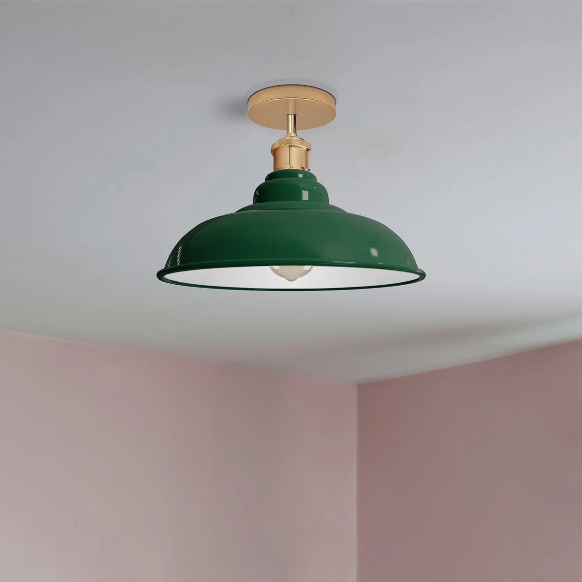 Green semi flush ceiling light with metal shade and E27 base, mounted on a 10cm x 2cm ceiling plate.