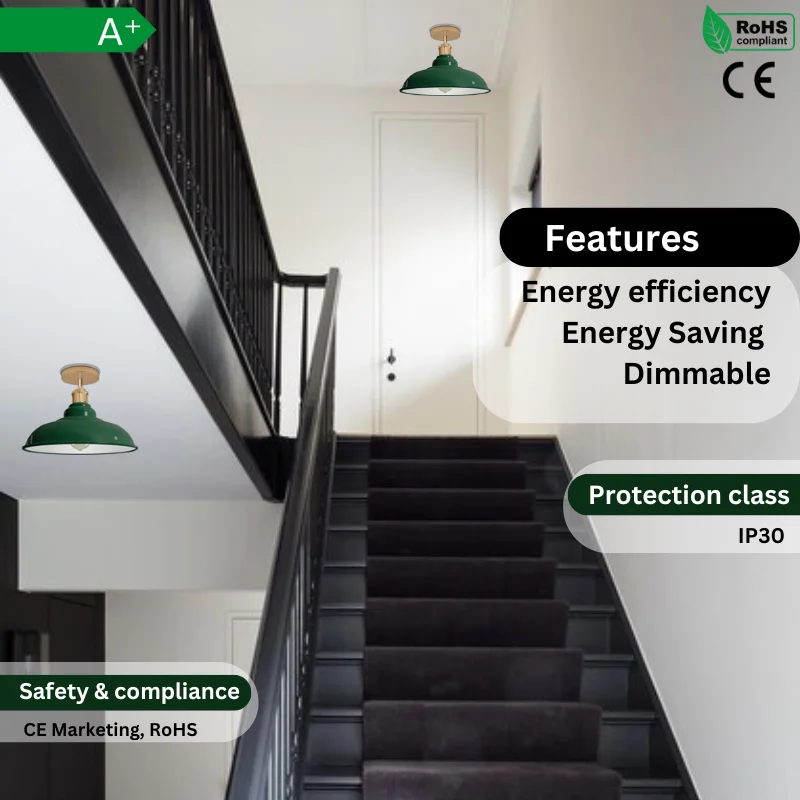 Green metal ceiling lamp with 10cm x 2cm plate, 4cm hole, E27 base and light shade.