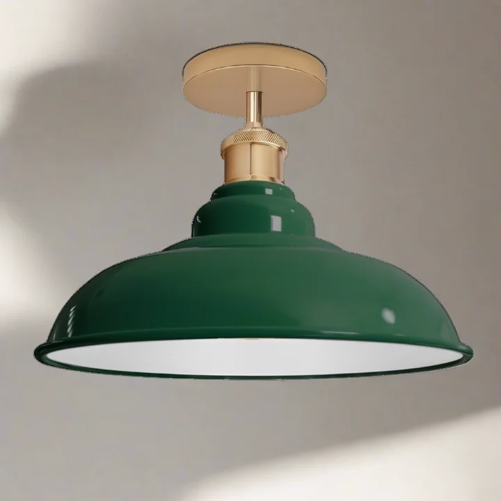 Green metal semi flush mount ceiling light with wide shade, E27 base, suitable indoor ceiling lighting.