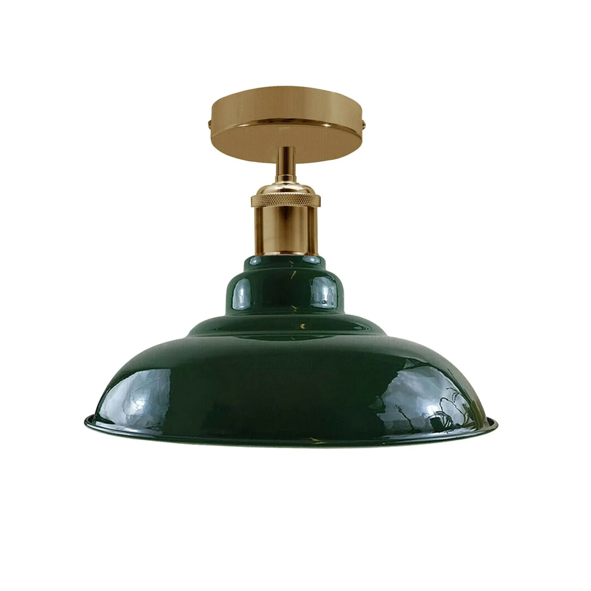 Green metal single bulb ceiling light with E27 base, 10cm by 2cm shade and 4cm shade hole, mounted on wall