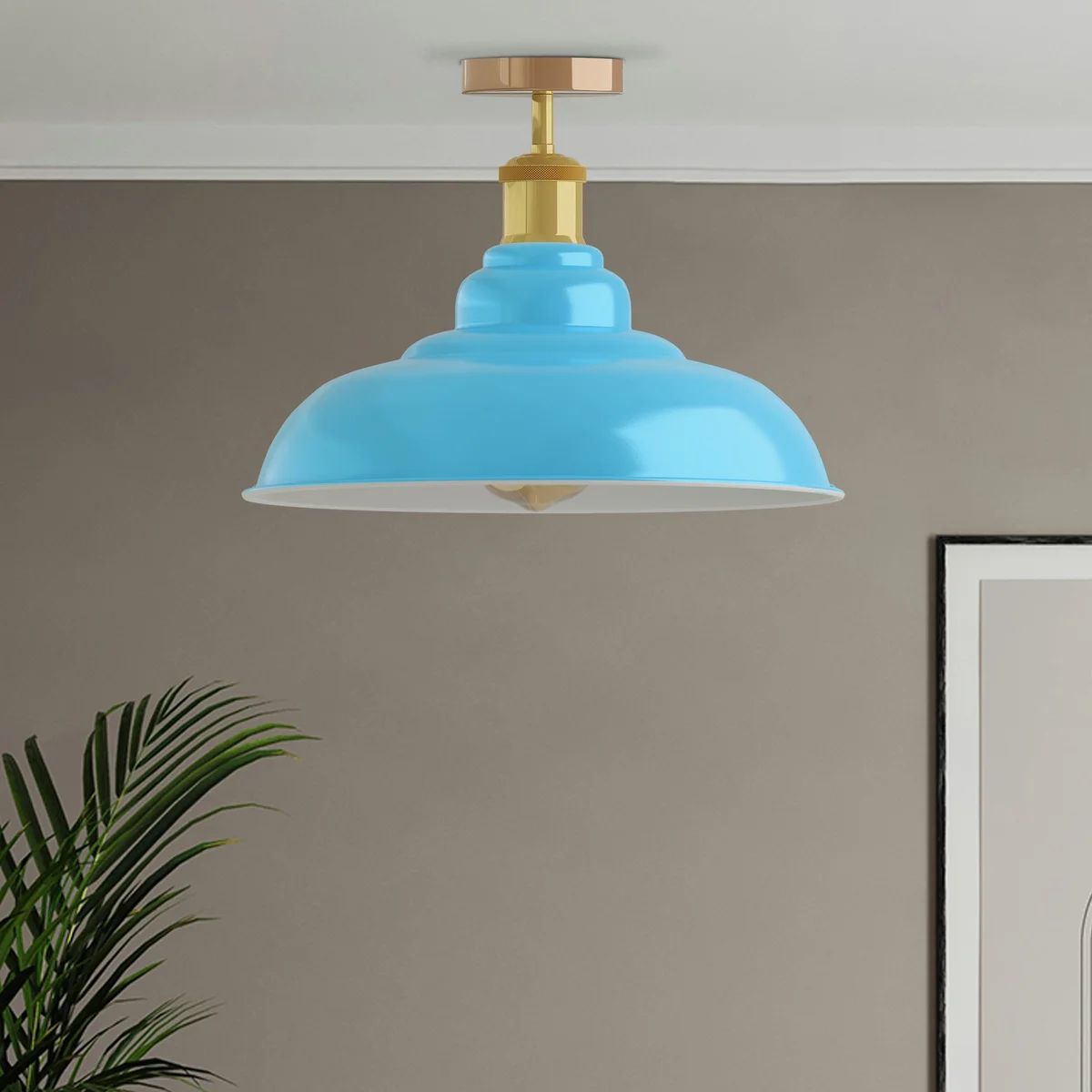 Vintage blue flush‑mount ceiling light with gold metal holder and curved shade, perfect décor accessory