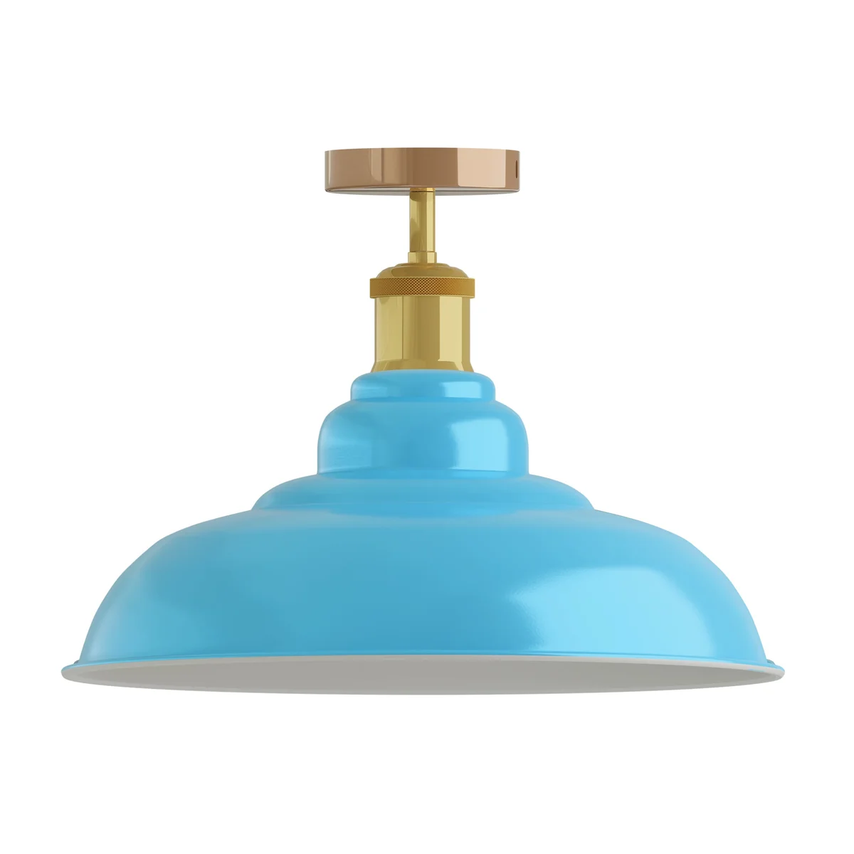 Vintage blue flush‑mount metal ceiling lamp with gold holder, E27 base, decorative ceiling light