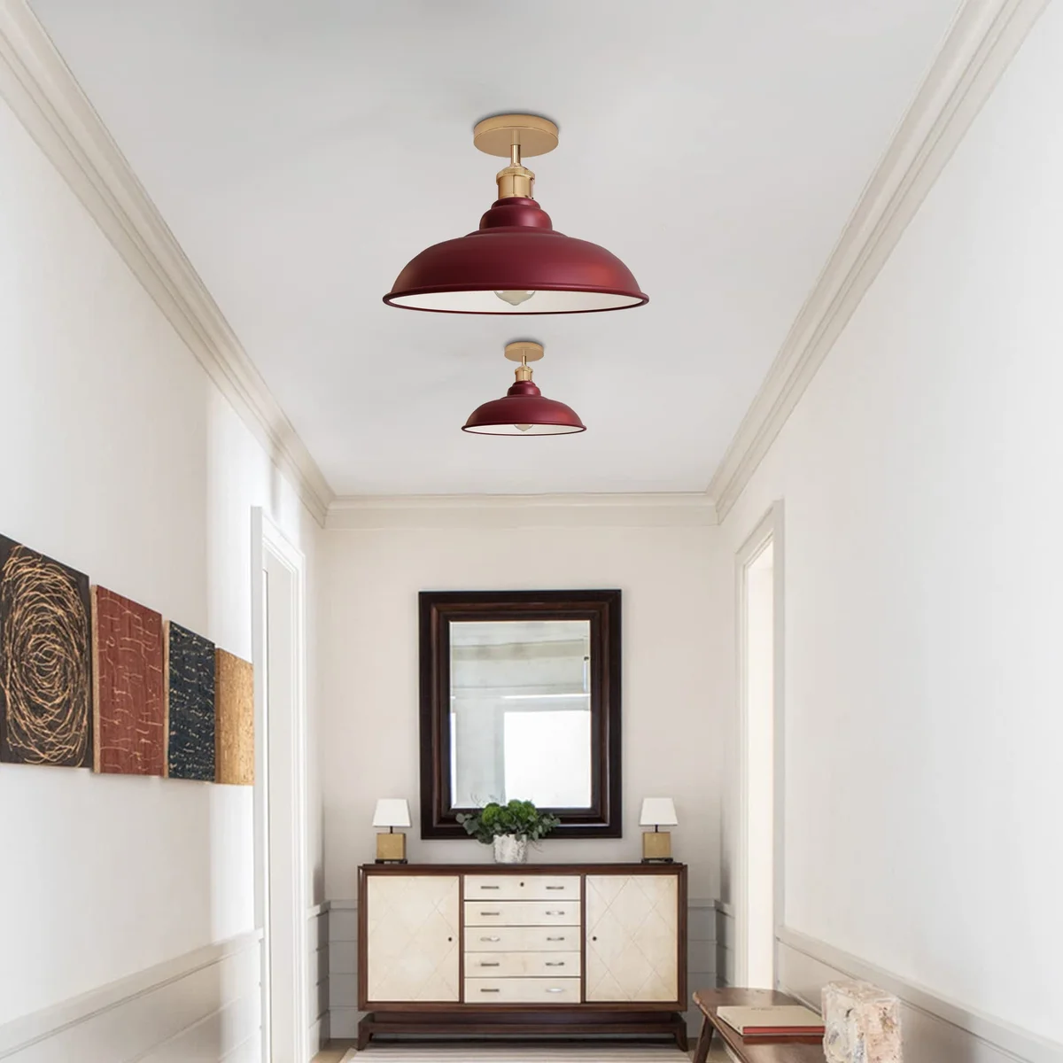 Flush‑mount burgundy ceiling light featuring a metal housing and E27 socket, industrial vintage look