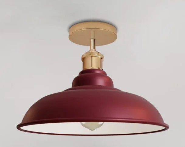 Industrial vintage ceiling light with burgundy metal shade, flush mount, round 10cm x 2cm base, E27 lamp holder.