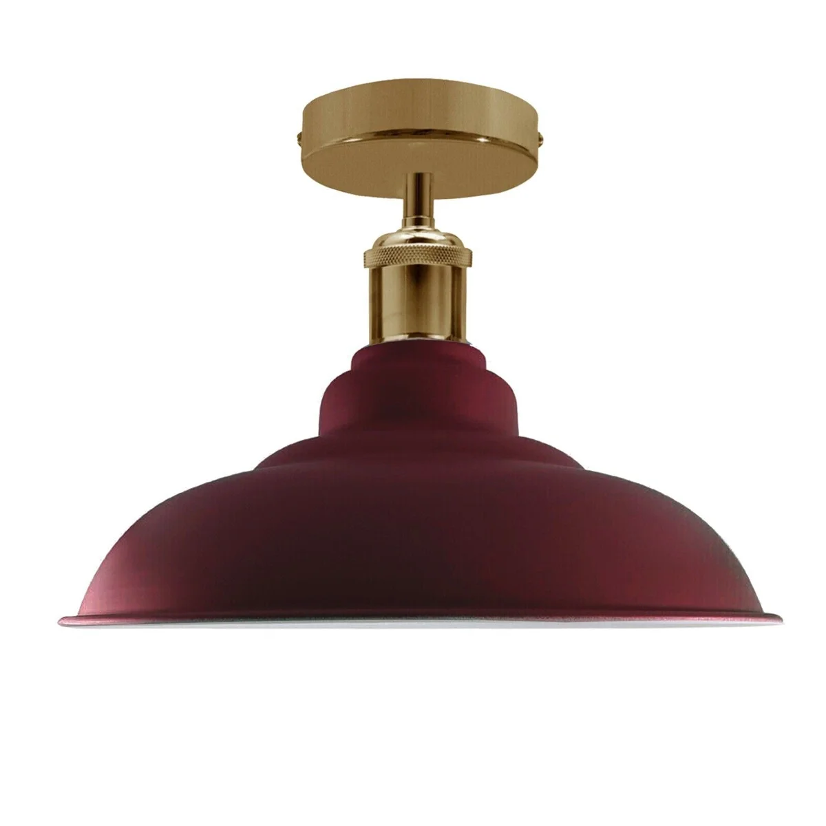 Burgundy retro flush mount light with metal shade, 10cm x 2cm plate, E27 base, hanging from ceiling