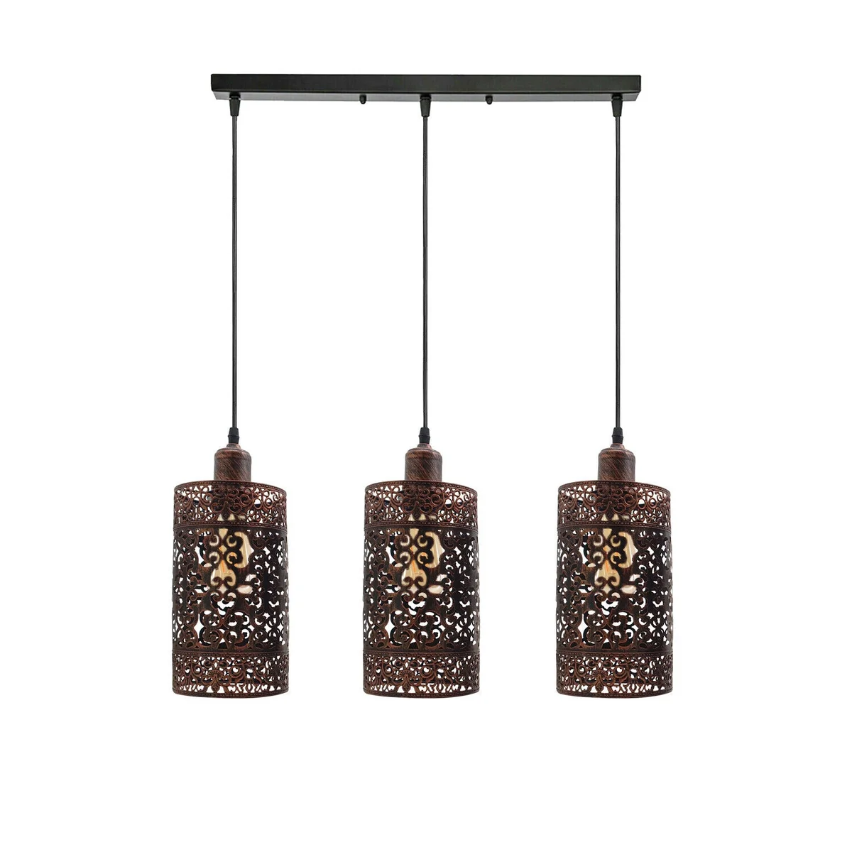 Industrial modern 3 way ceiling light with rustic red cage pendant shade, metal and PVC cable.