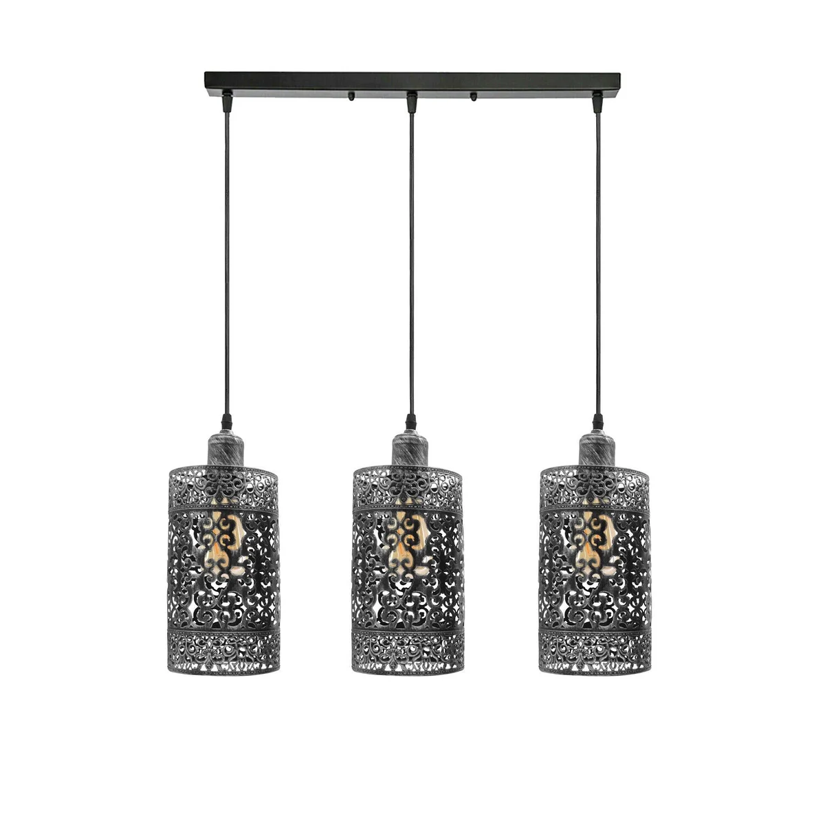 Vintage 3‑way E27 ceiling light with metal cage and three hanging shades, brushed silver finish, 95 cm PVC cable