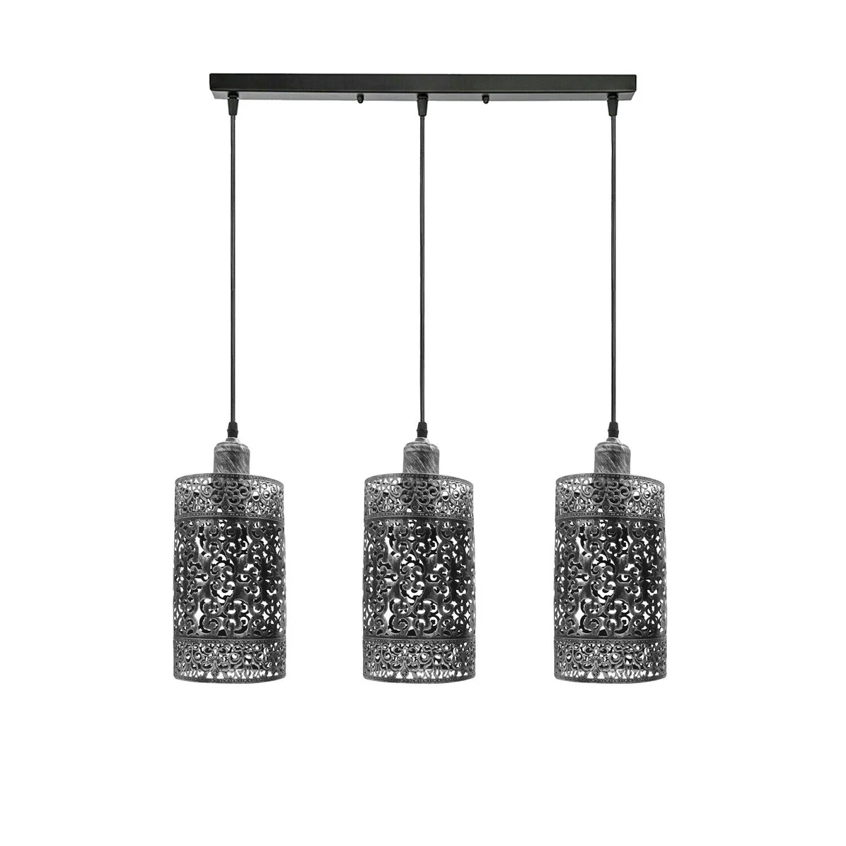 Brushed silver pendant lamp hanging from ceiling with 3 cage shades, vintage indoor lighting