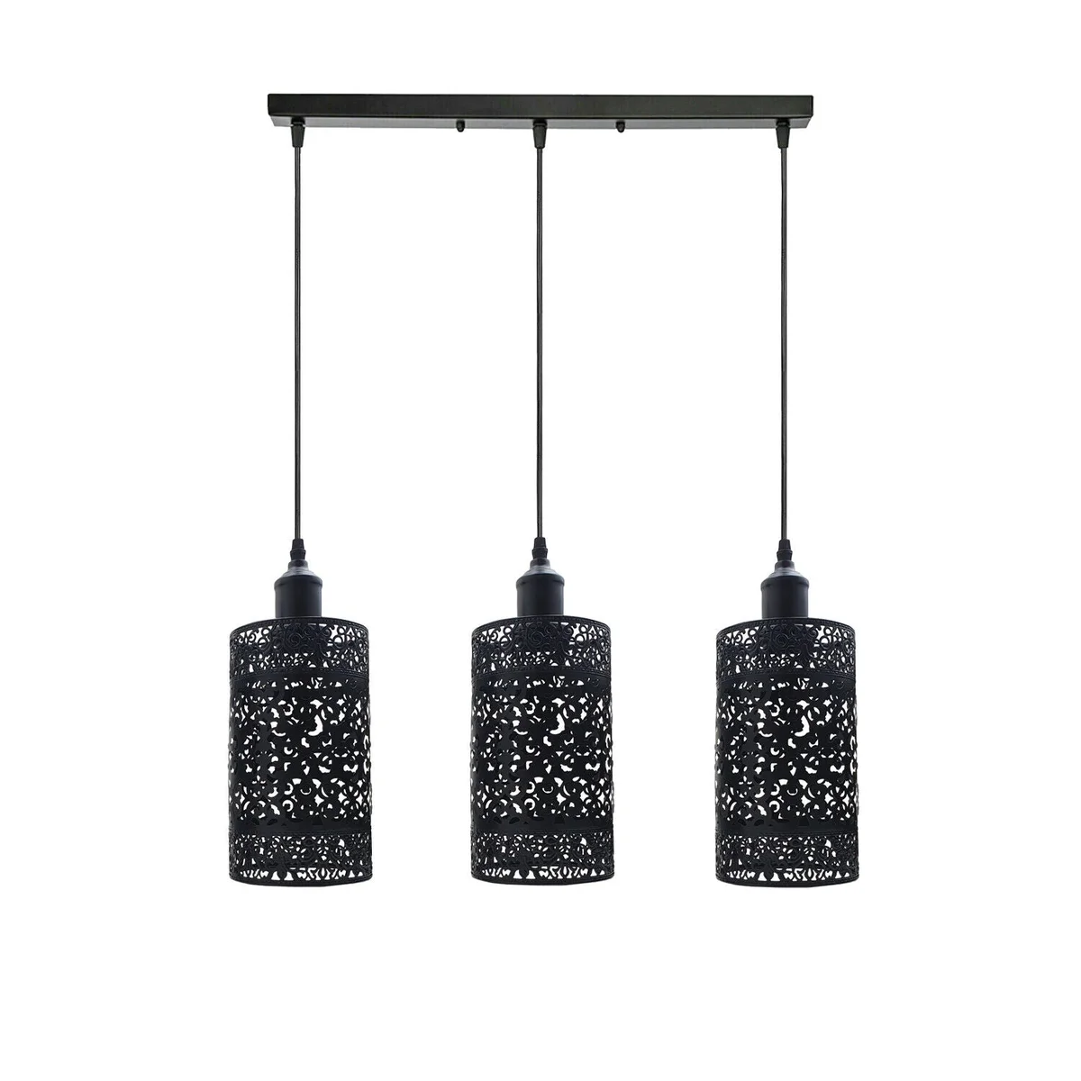 Retro pendant ceiling light with brushed silver cage frame and three hanging shades, 95cm PVC cable.