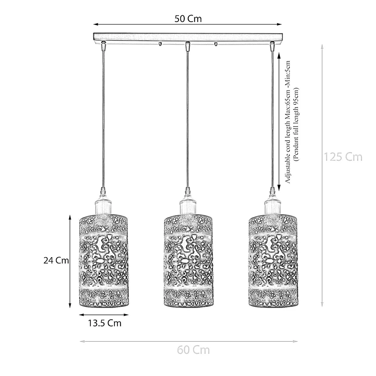 Retro pendant ceiling light in brushed silver metal cage, 95cm PVC cable, 3 light shades, fits E27 base.