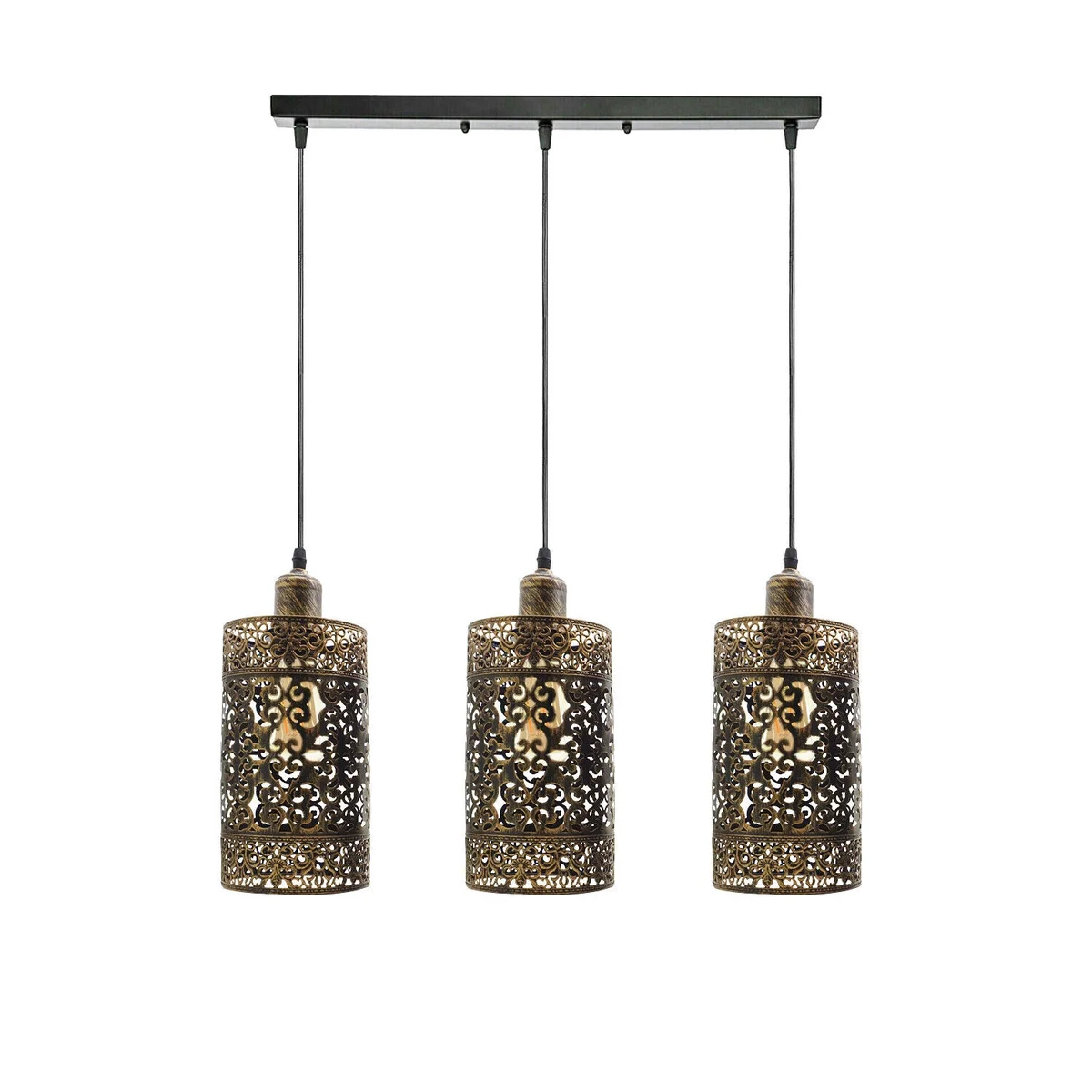Retro ceiling pendant with brushed copper cage, metal frame and PVC cable, 3 light holders and shades.