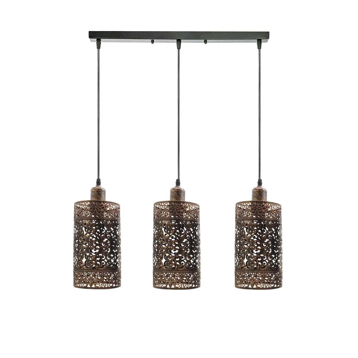 Vintage pendant light with brushed copper cage and three LED holders, hanging from a 95cm PVC cable, stylish rustic design.