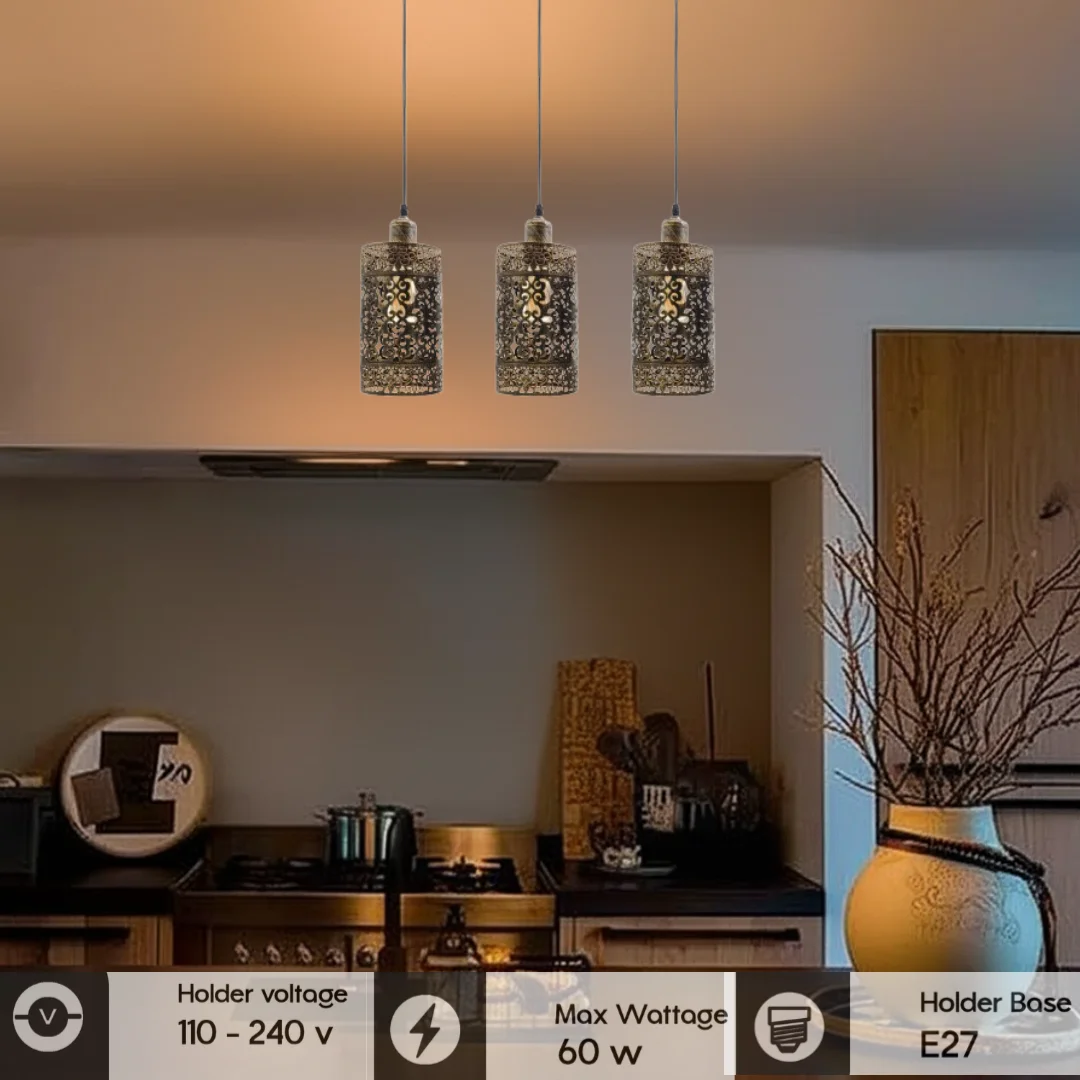 Brushed copper pendant with three metal shades and a 95cm PVC cable, vintage rustic style lighting fixture.