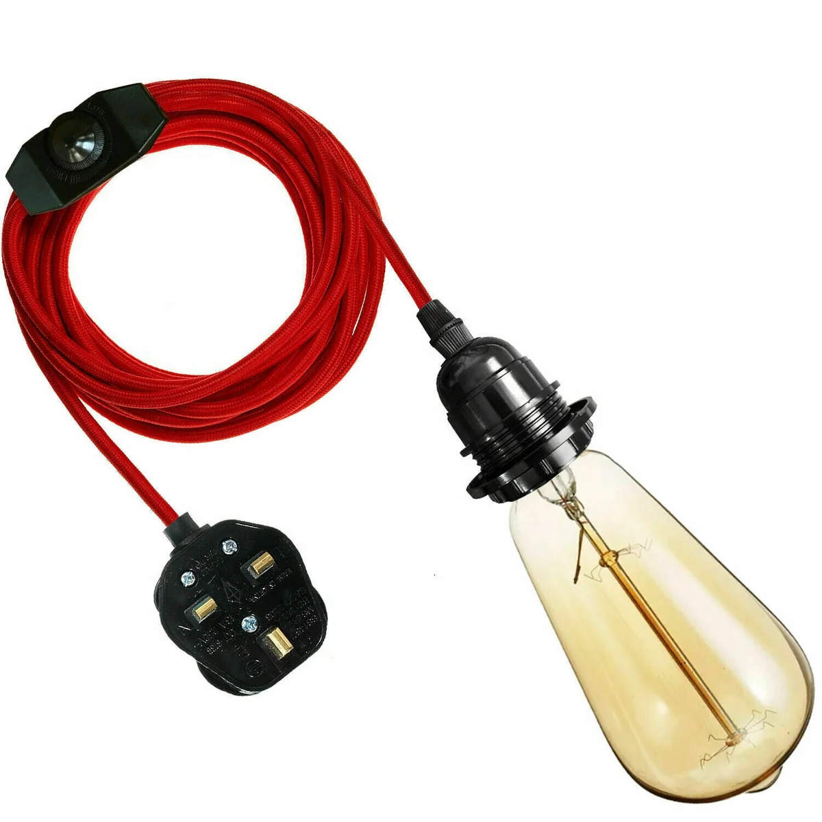 Fabric pendant lamp with red flexible fabric cable, dimmer switch, gold metal holder, retro vintage style