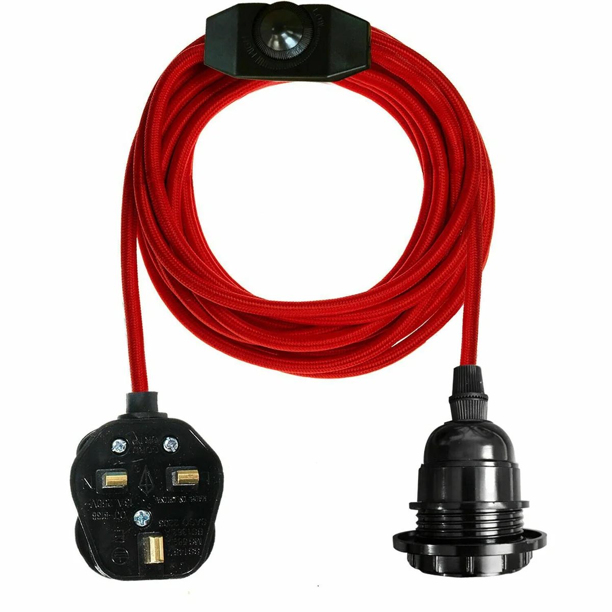 Red plug in pendant lamp with fabric flexible cable, 4m length, dimmer switch and bulb holder.