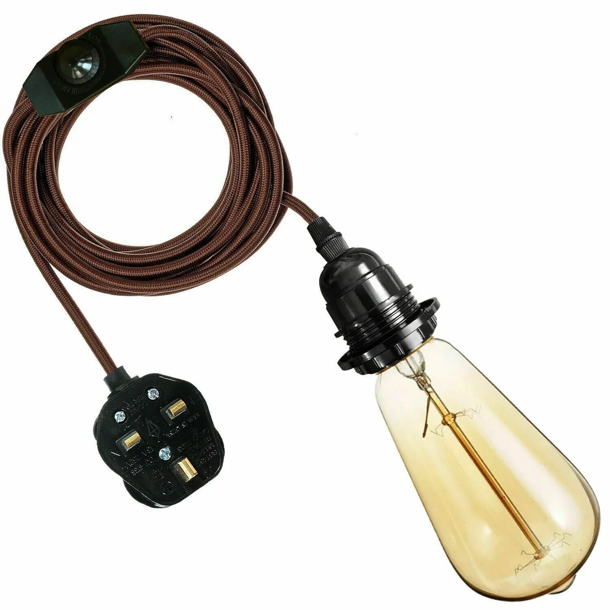 Fabric pendant lamp with brown flexible cable, dimmer switch and E27 bulb holder, vintage style.