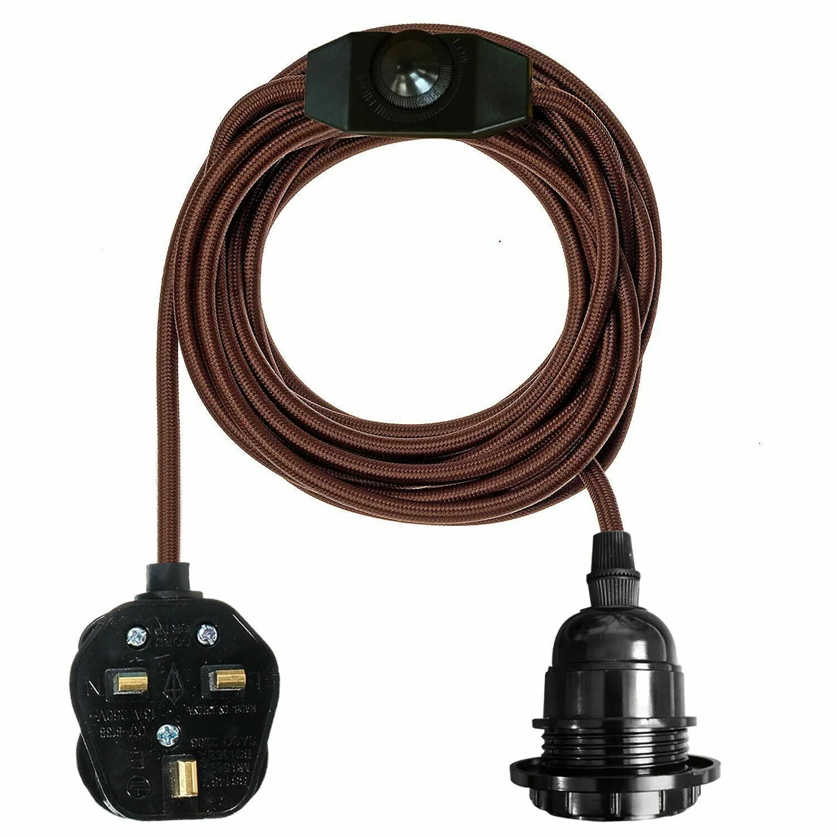 Plug in lamp with fabric cable, dimmer switch and E27 socket, brown, 4m flexible cord.