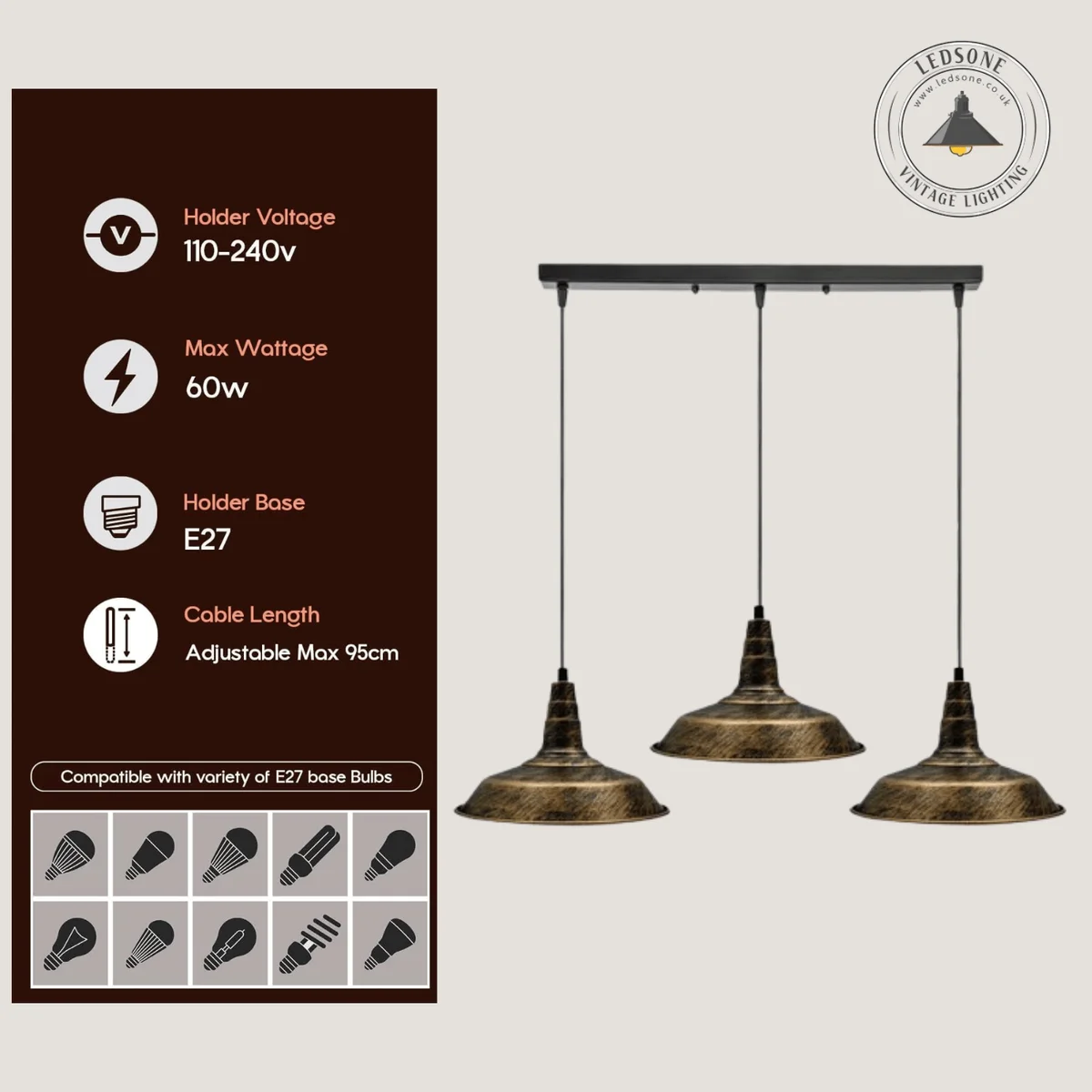 Adjustable pendant light with 3 metal shades attached to a metal base, 95cm adjustable cables, vintage industrial style.