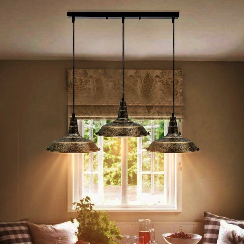 Vintage industrial triple pendant light bar with three adjustable metal shades, long PVC cords and E27 sockets.