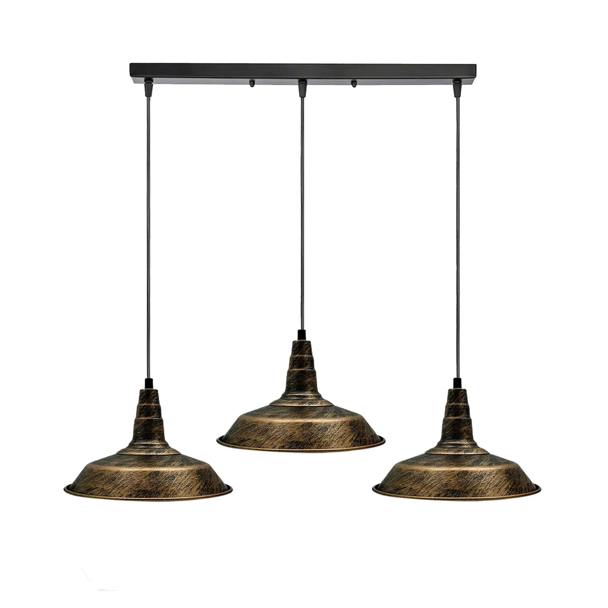 Retro style lighting triple pendant bar with three adjustable metal holders, copper finish, PVC cables, E27 sockets.