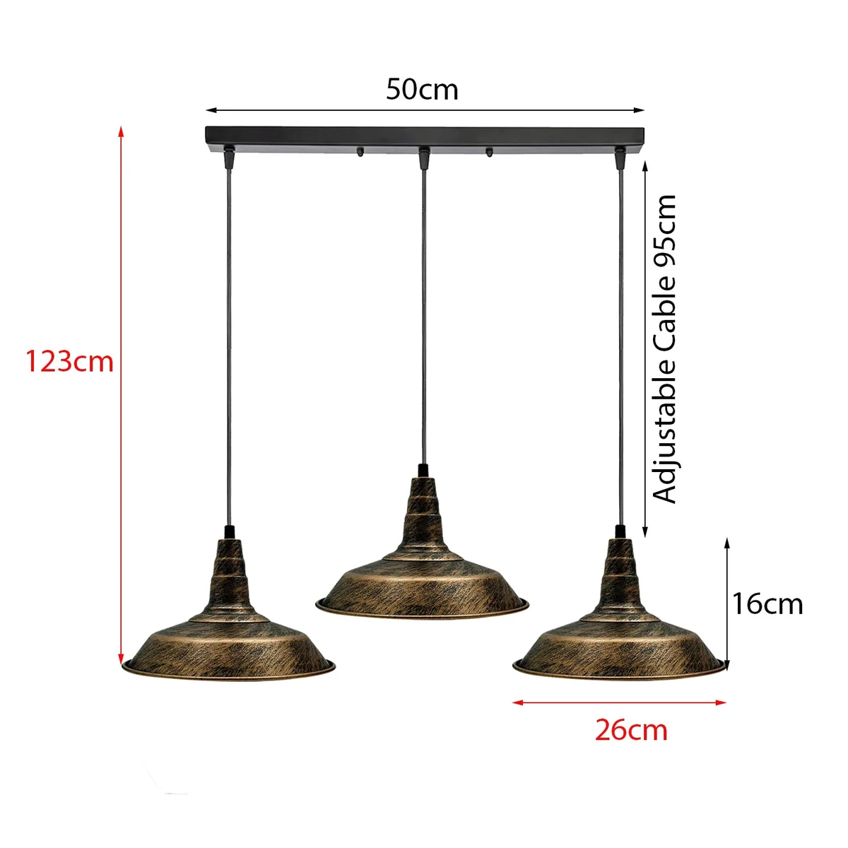 Industrial pendant light with three adjustable arms and metal shades, brushed copper finish
