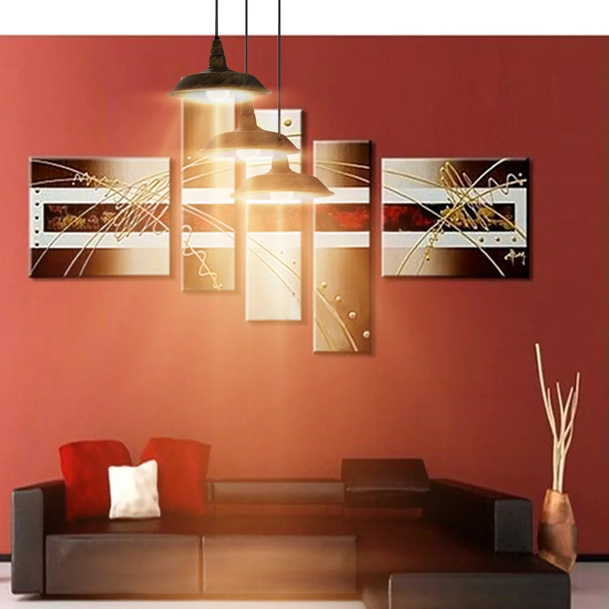 Three retro style ceiling lights with brushed copper shades hanging over dining table, featuring E27 bases and 95 cm cables.