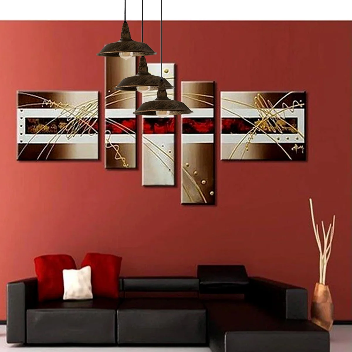 Three brushed copper metal pendant light fixtures hanging from a ceiling, each with a metal shade and 95 cm cable.