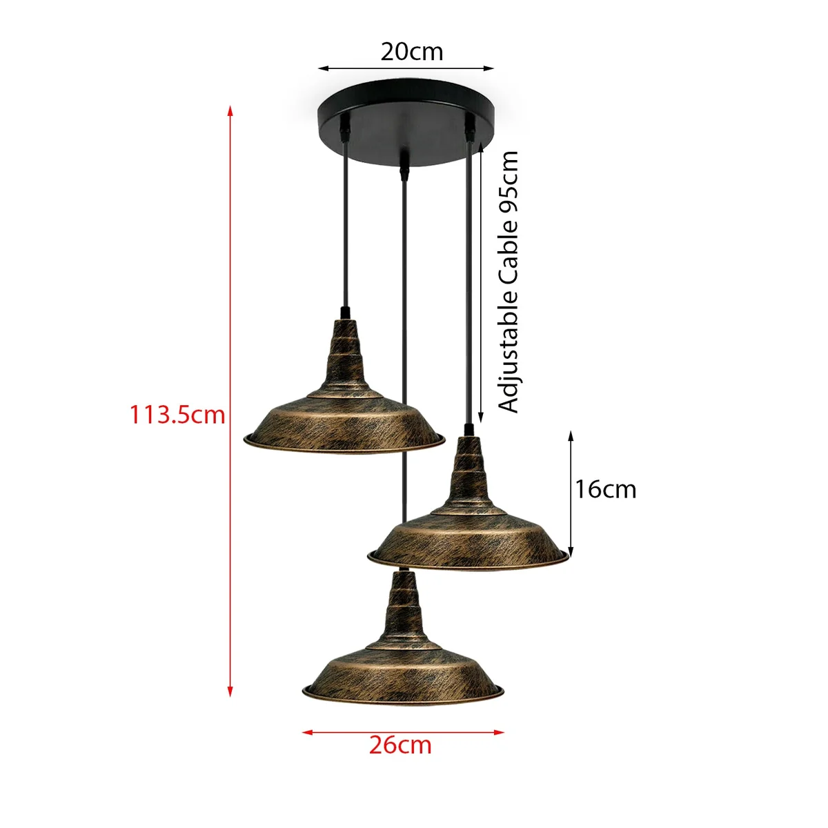3 pendant dining lights in brushed copper, hanging over a dining table, retro classic style