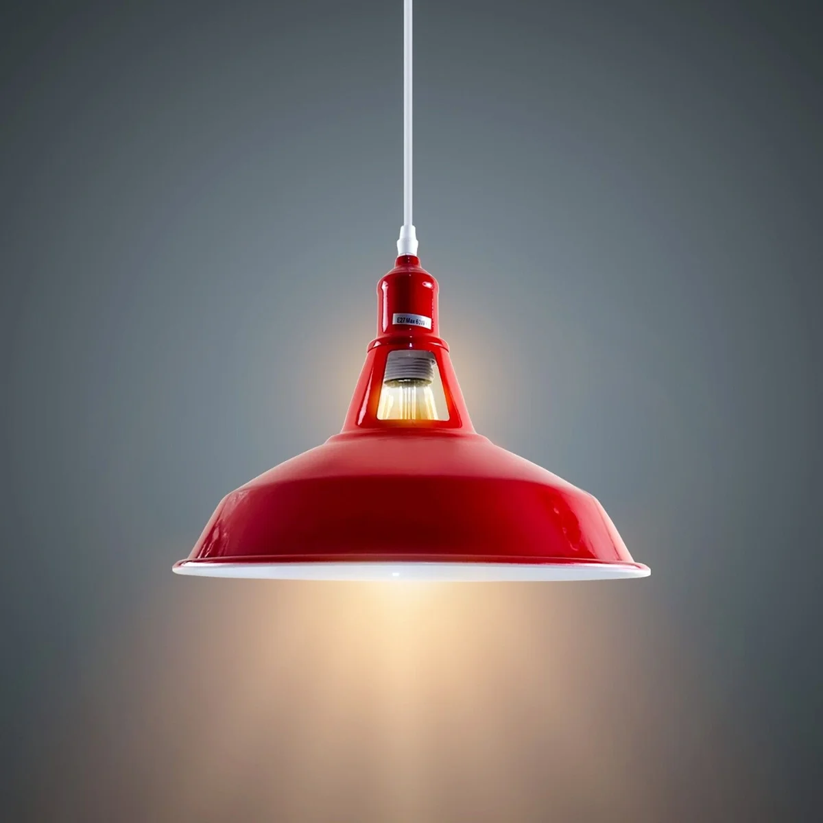 red barn pendant light shade with vented gallery neck, powder‑coated matte red finish, metal & PVC construction.
