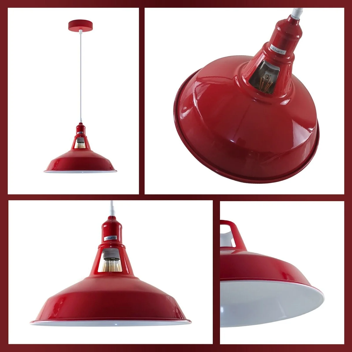 Vintage barn light, powder coated red pendant with vented gallery neck, hanging from 95cm cable