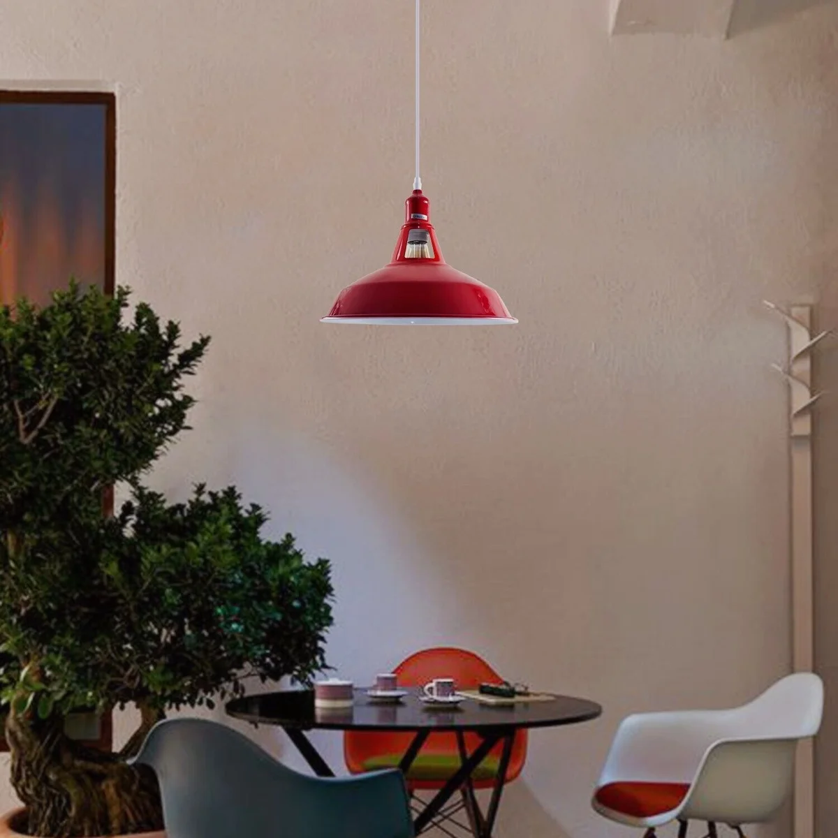 Adjustable drop pendant with red barn‑shaped shade, vented gallery neck and powder‑coated finish