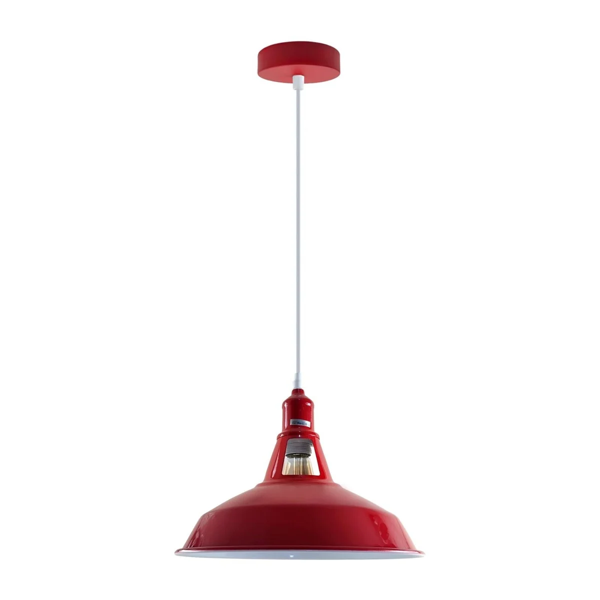Red barn pendant light shade with vented gallery design, matte powder coated finish, hanging with PVC cable.