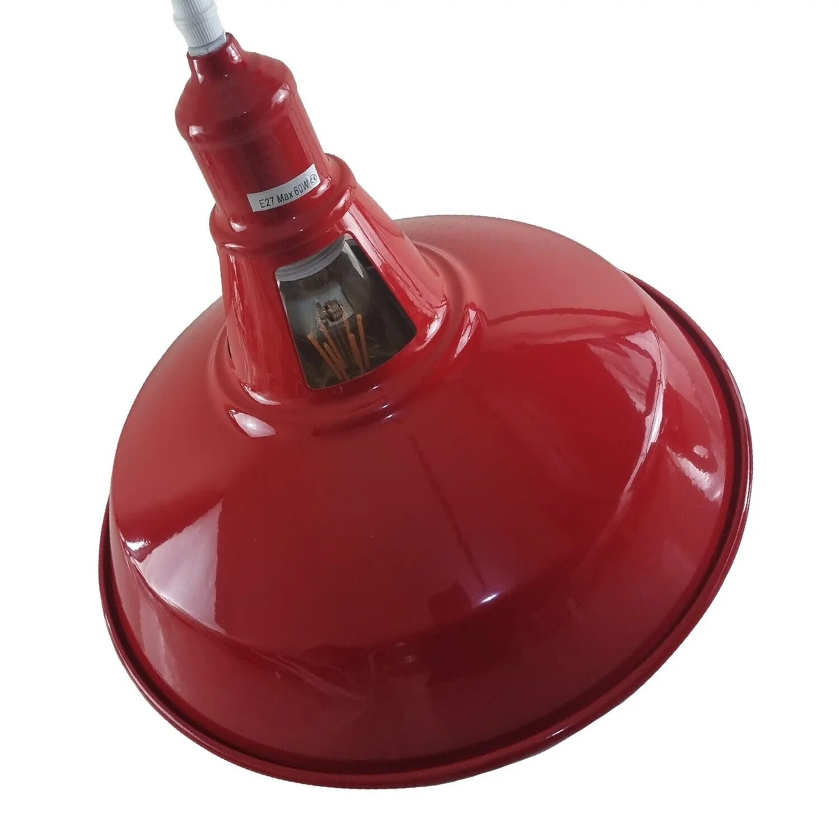 Red barn pendant light with vented gallery neck, powder coated matte finish, hanging from 95cm PVC cable.