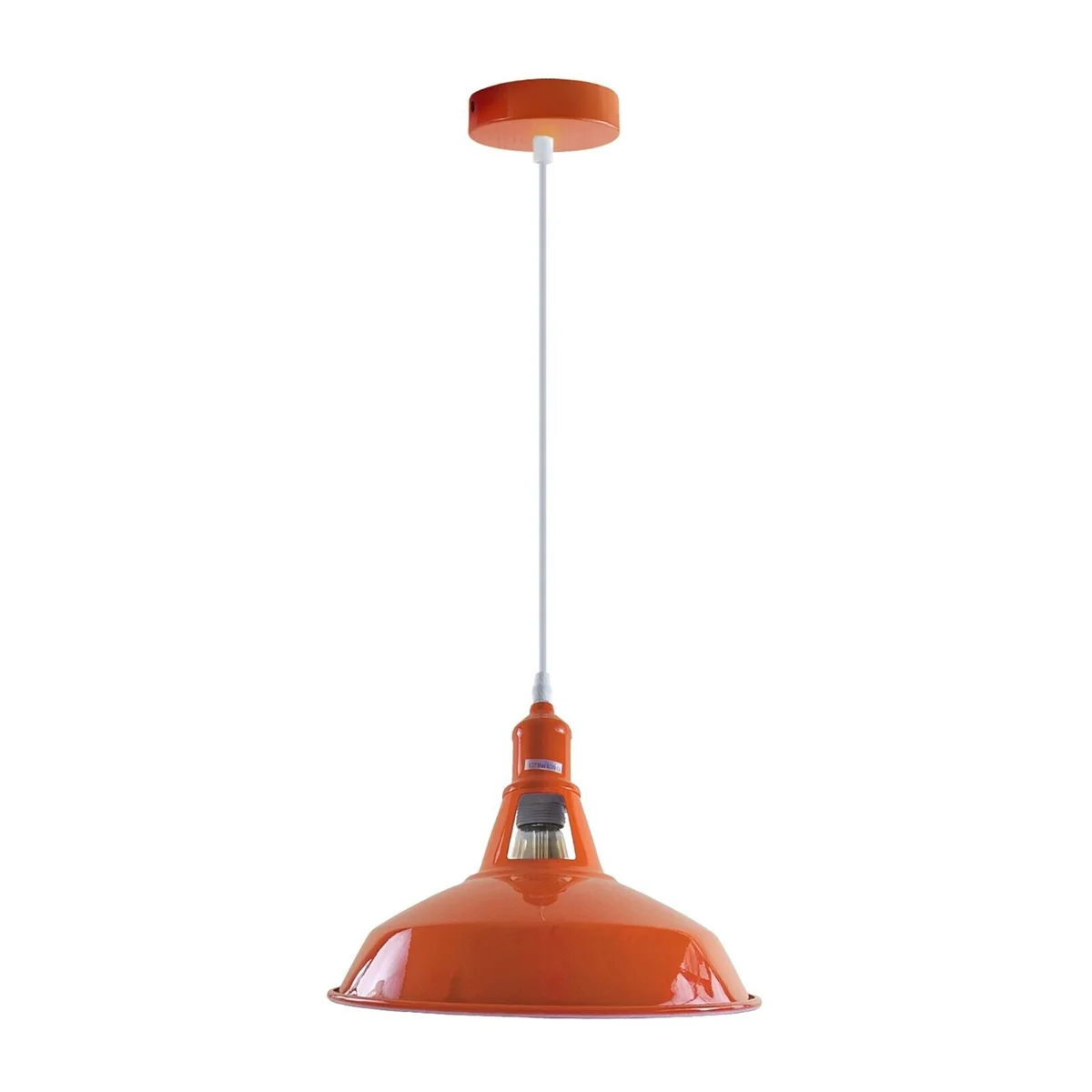 Orange metal pendant lamp with classic retro style, hanging from 95cm cord, metal shade, LED compatible E27 base.