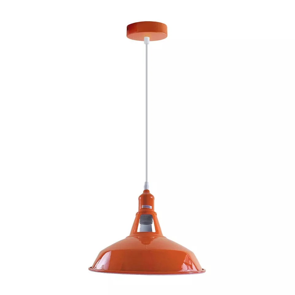 Orange metal cord pendant light with retro style shade, E27 base, 95 cm PVC cable hanging from ceiling.