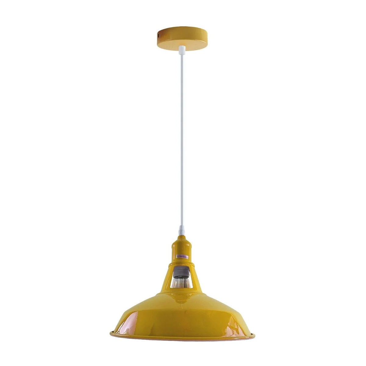 Yellow industrial pendant light with metal shade, cord, and ceiling canopy, displayed hanging from ceiling