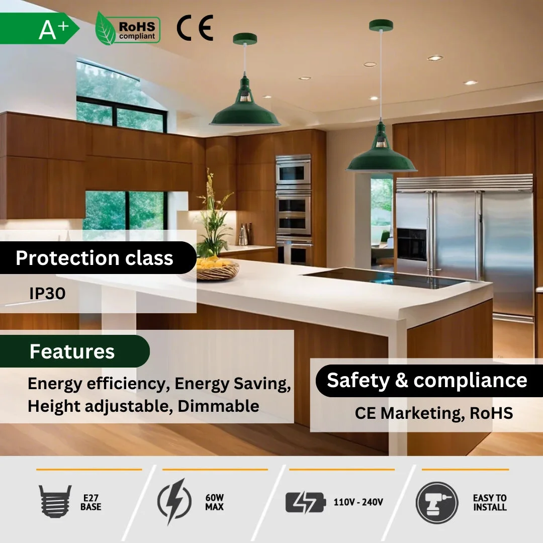 Green metal pendant light with retro style shade and adjustable cord, a modern indoor ceiling light for living rooms.