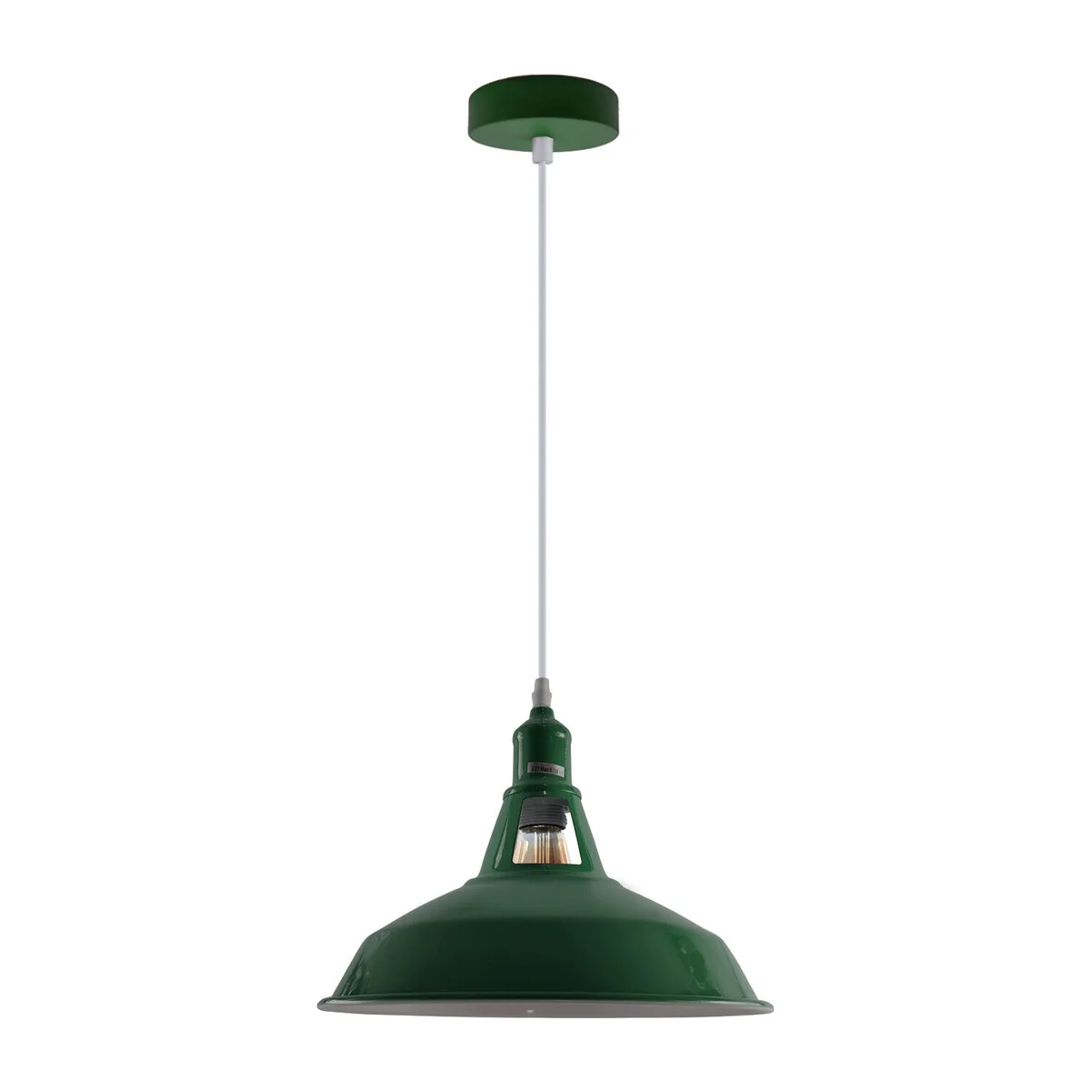 Green E27 bulb pendant lamp with metal frame, PVC cable, adjustable height, featuring a vintage retro shade.