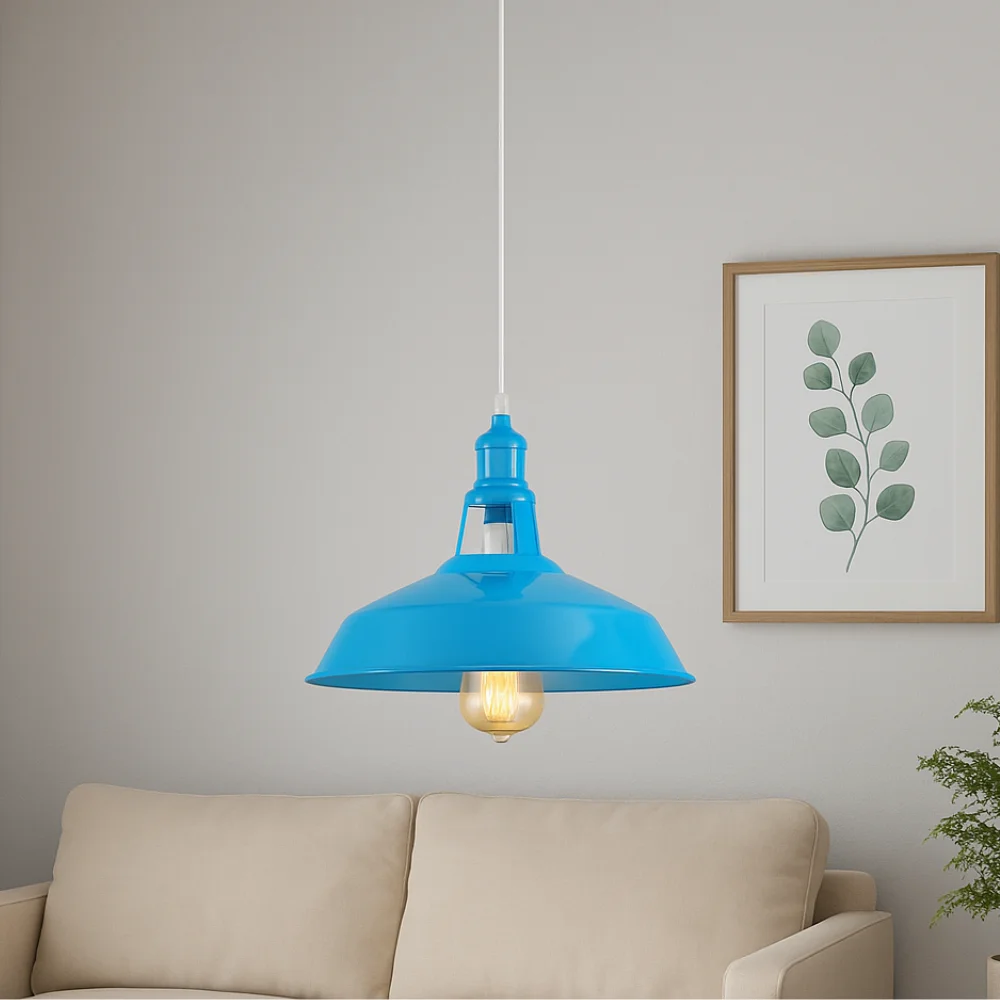 Blue ceiling pendant light featuring a metal lampshade and ceiling canopy, ready for installation.