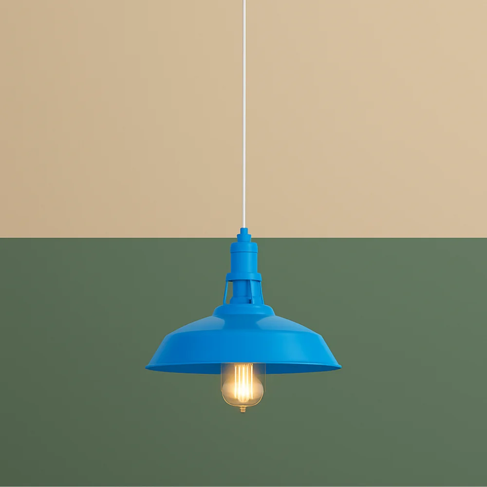 Blue metal lampshade pendant with PVC cord, clear metal canopy and base.