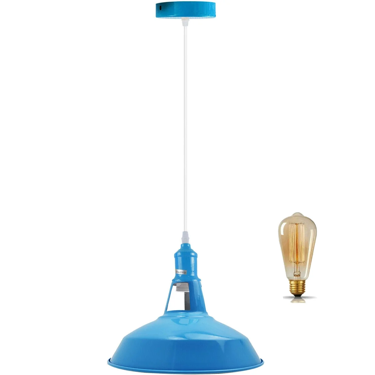 Blue metal lampshade hanging from ceiling, an E27 bulb pendant light with PVC cable.