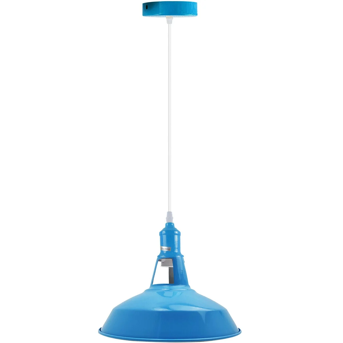 Blue indoor ceiling pendant with metal lampshade, wire cable, and ceiling canopy visible