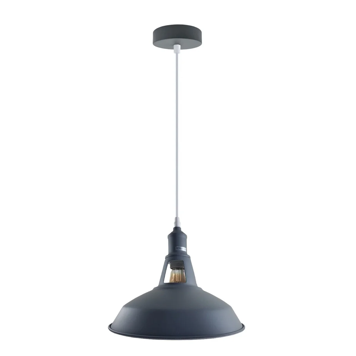Grey metal hinged vintage ceiling light with slotted pendant shade and E27 socket.