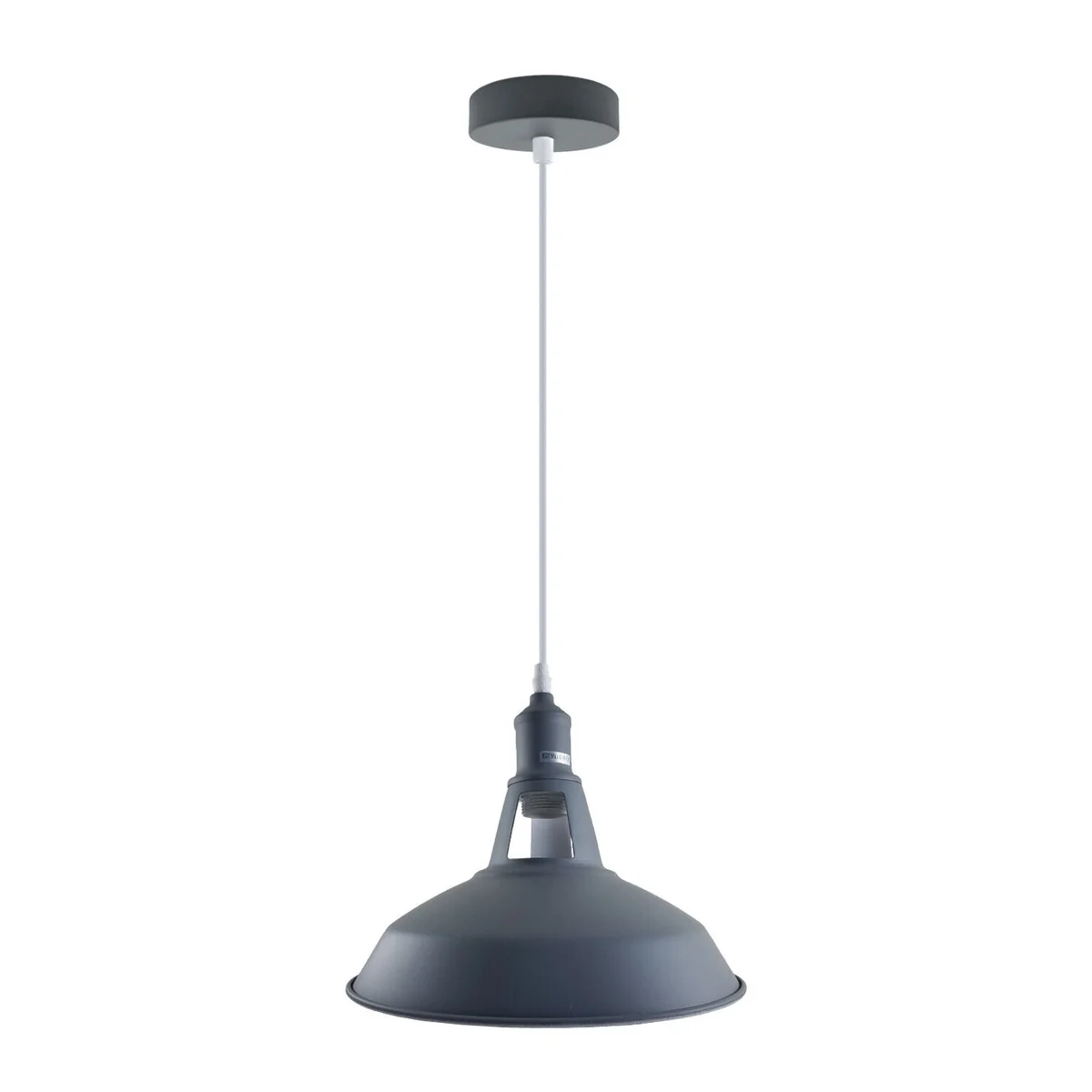 Grey metal pendant lamp with E27 socket and slotted metal shade, hanging on 95cm cable.