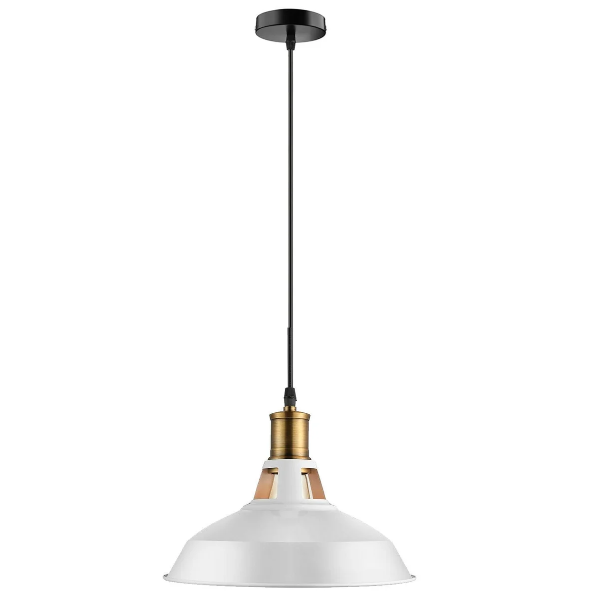 White pendant light with gold accents, classic retro style, metal shade, PVC cable, modern pendant lighting for living room.